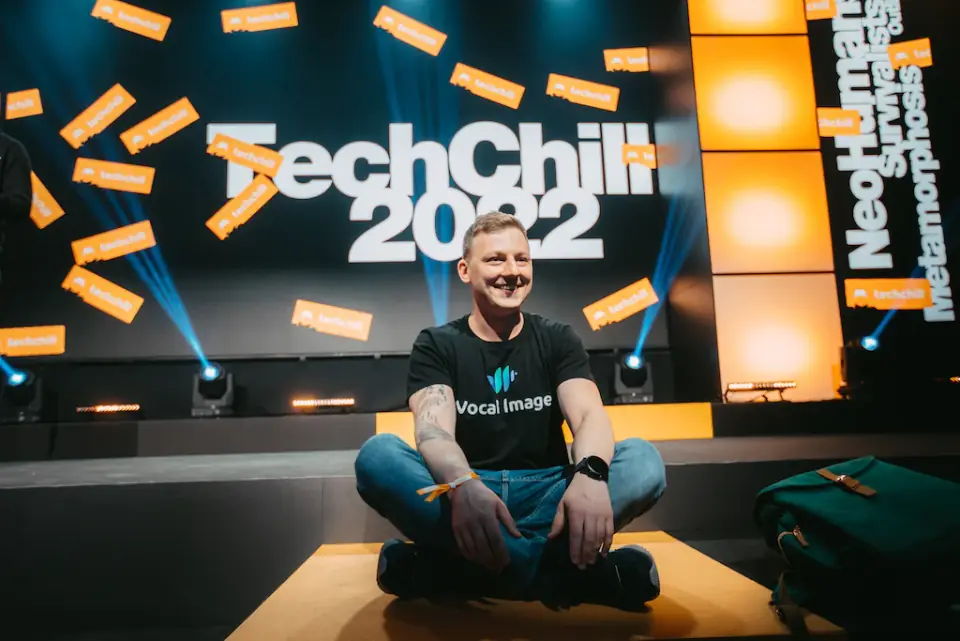 Nick Lahoika on the TechChill 2022 stage after winning Fifty Founders Battle